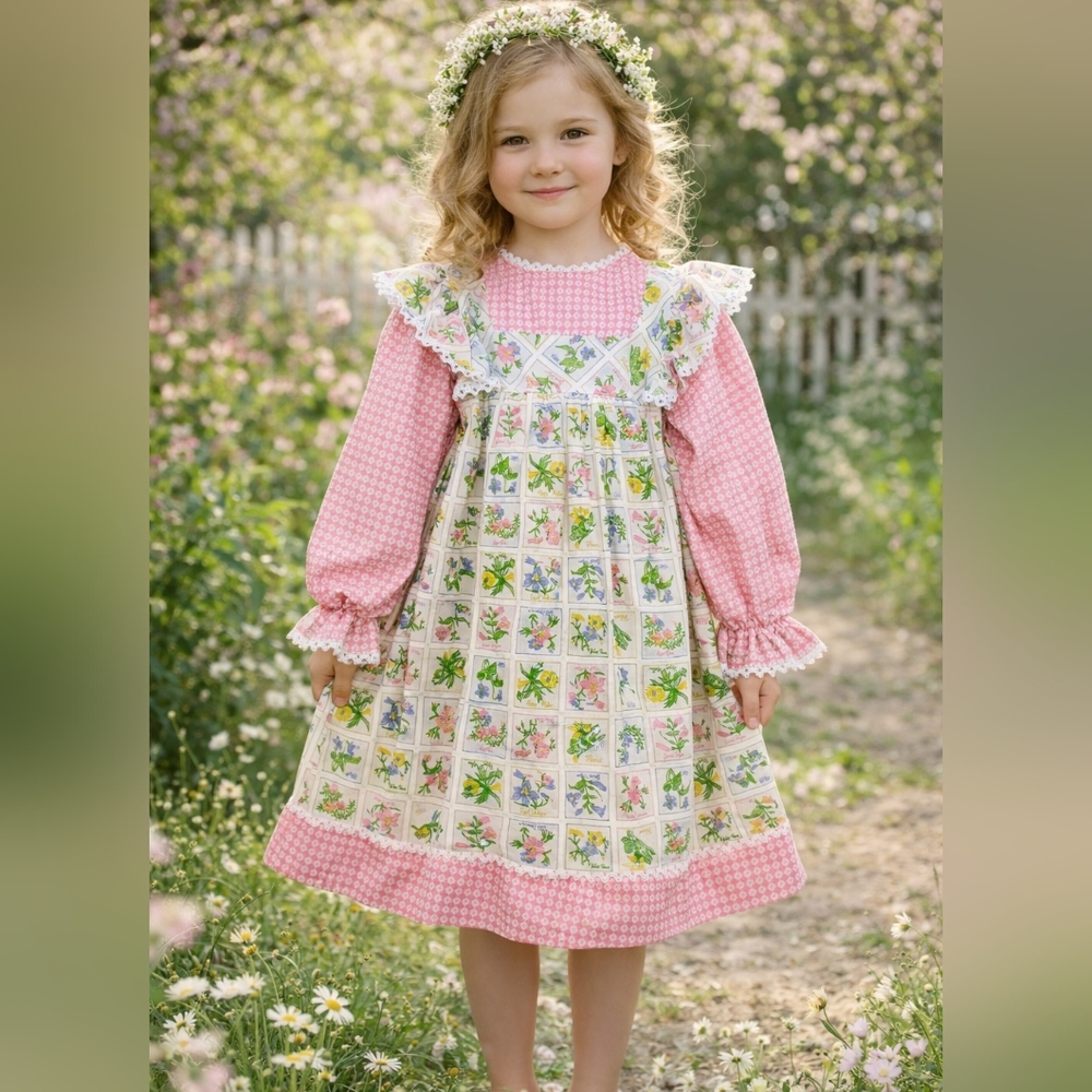Vintage Keepsake Girls Pink Floral Patchwork Pinafore Lace Trim Dress SZ 6X